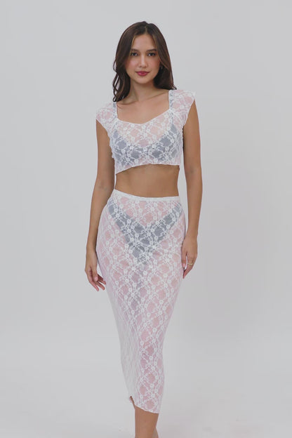 Lucia Crop Top and Midi Skirt Set / White Lace