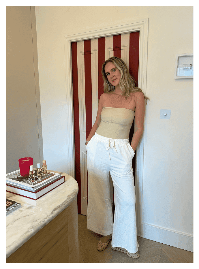 Scarlet One Piece in Champagne Shimmer, Andie Pants in Vanilla Rum Jacquard