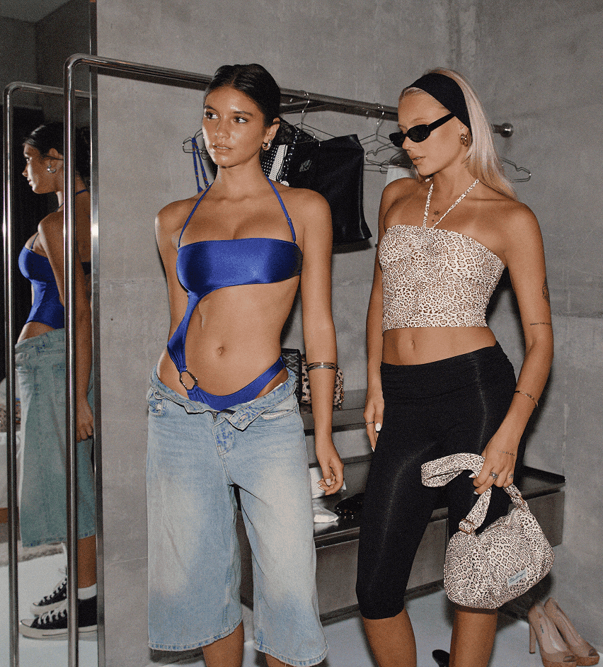 Left: Poppy One Piece in Jazzy Blues Gloss, Right: Elya Tankini in Wild Side