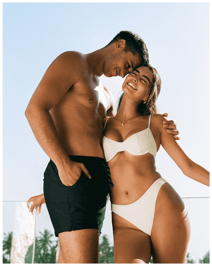 Left: Men's Shorts in Black, Right: Fiona Top & Fiona Bottoms in Vanilla Rum Jacquard