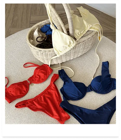 Simone top and Giana Bottoms in Red Hot Gloss +, Tiana Top and Maui Bottoms in Jazzy Blues Gloss