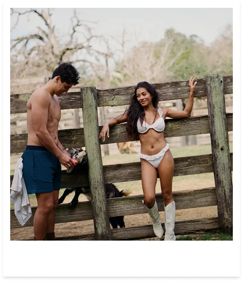 Left: Men's Shorts in Blue Soda Houndstooth, Right: Emily Top and Makayla Bottoms in White Eyelet