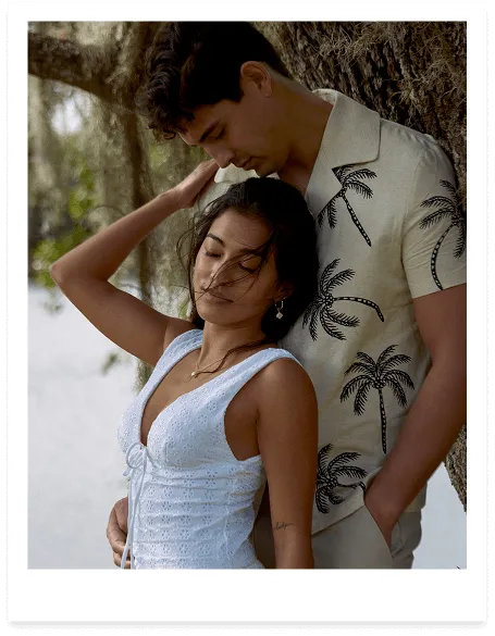 Left: Mindy Tankini and Donna Maxi Skirt in White Eyelet, Right: Classic Polo in Embroidered Palm Trees